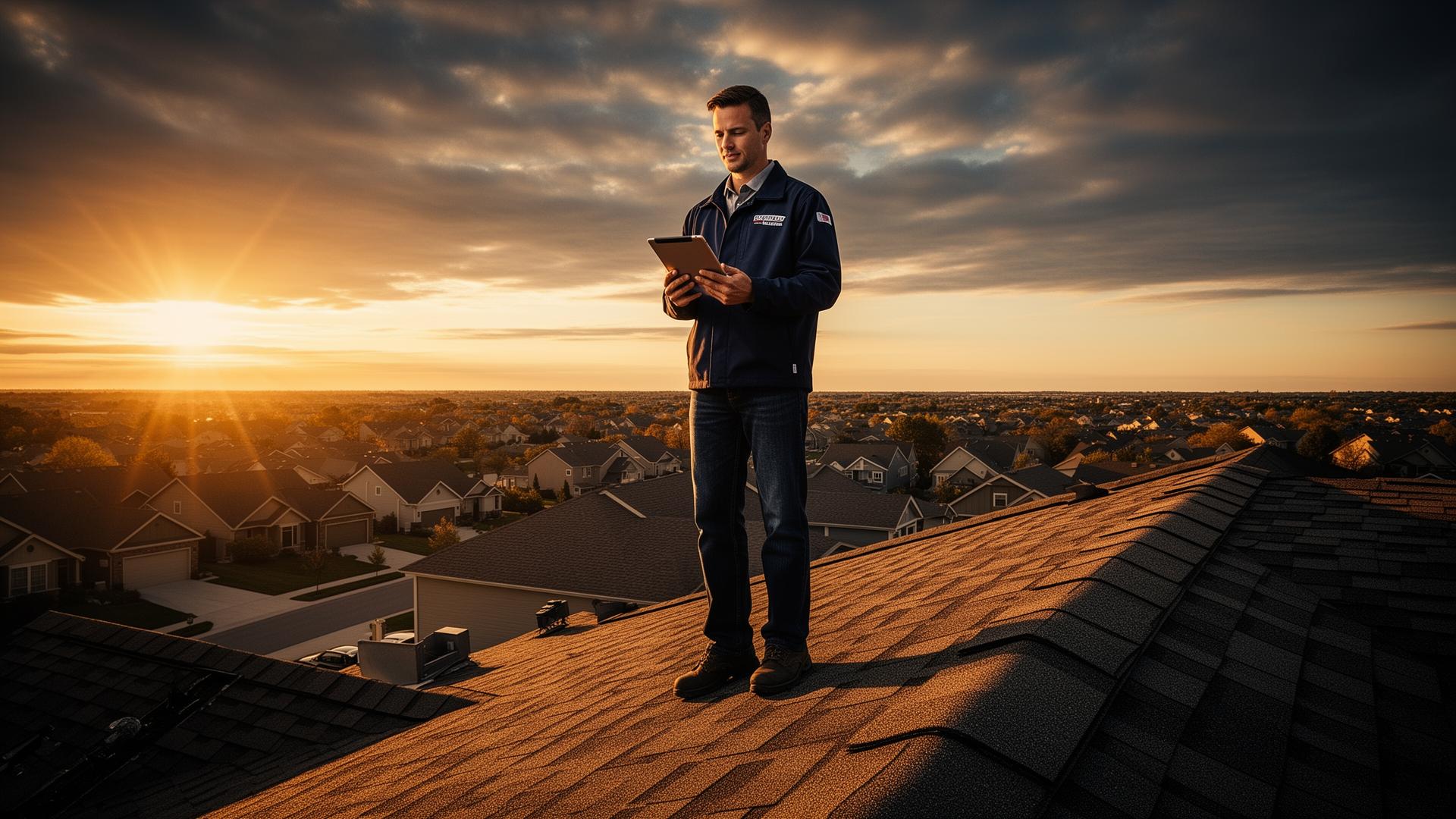 Affinity Roofing sales representative standing on a residential rooftop at sunset